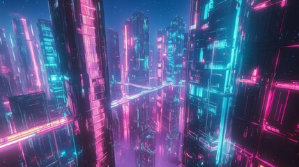 Fototapeta premium Futuristic Cityscape with Neon Lights and Digital Architecture