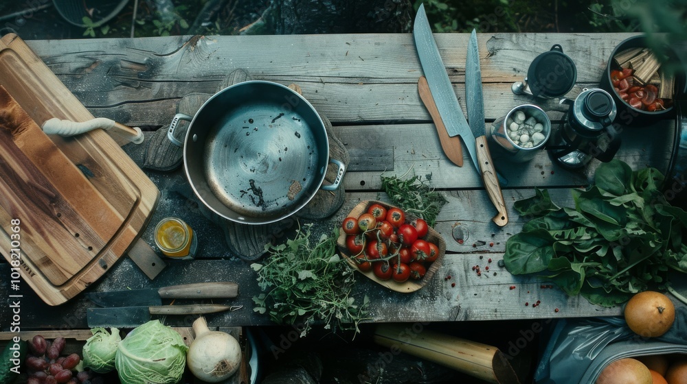 Wall mural A rustic outdoor table laid with fresh vegetables, herbs, and kitchen utensils, evoking a sense of rustic culinary preparation and garden-to-table freshness.