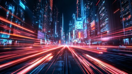 Obraz premium A City Street at Night with Light Trails from Cars