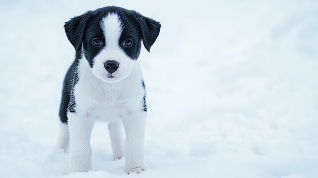 An adorable blue-eyed Siberian husky puppy is deigned to live on in a winter wonderland, a card with a dog on the snow in winter