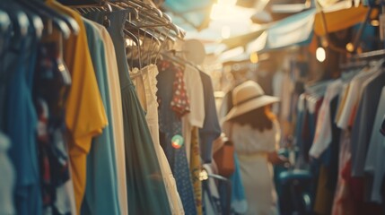 Fototapeta premium Sunlit market streets lined with colorful clothes on display, where a figure in a stylish hat walks by, capturing a vibrant, bustling marketplace scene.