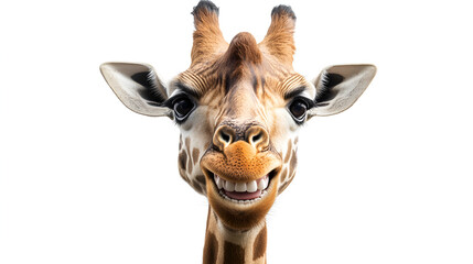 Naklejka premium Cartoon Giraffe with Raised Eyebrows and Big Toothless Smile in CGI Style