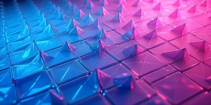 Pulsing neon grids in vibrant blue and pink under a layer of translucent triangular polygons with rounded corners, creating a 3D effect