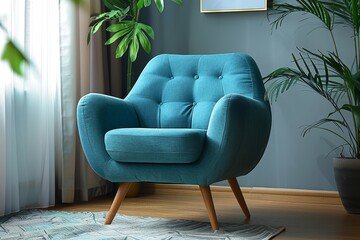 Teal blue mid-century modern button armchair with wooden legs, adding style to the living room.