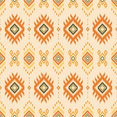 A traditional ikat pattern in warm earthy tones of orange, brown, and beige. Featuring geometric diamond shapes and intricate motifs, perfect for fabric, home decor, and ethnic-inspired design project
