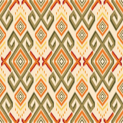 A traditional ikat pattern in warm earthy tones of orange, brown, and beige. Featuring geometric diamond shapes and intricate motifs, perfect for fabric, home decor, and ethnic-inspired design project