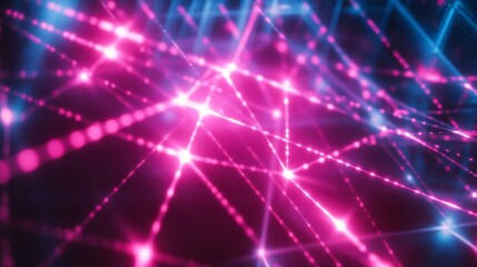 Fototapeta premium Abstract neon pink and blue lines with glowing dots on a black background
