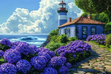 A charming blue lighthouse home with a cobblestone path leading to the ocean. Bright purple hydrangeas line the path and create a stunning contrast against the deep blue waters. 
