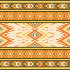 A traditional ikat pattern in warm earthy tones of orange, brown, and beige. Featuring geometric diamond shapes and intricate motifs, perfect for fabric, home decor, and ethnic-inspired design project