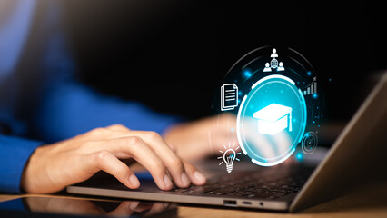 concept of education adds new skills ,business education ,professional courses ,Young businessman taking notes and information from learning new things in professional seminar ,e-learning