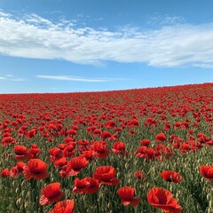 Fototapeta premium A wide field of poppies with vivid red blooms, stretching across the horizon under a bright blue sky