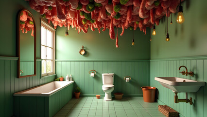 Whimsical Absurdity: A Surreal Small Bathroom with a Ceiling of Meat and Broccoli