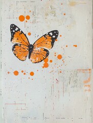 Wabi-Sabi Mixed Media Collage Paper with Orange Splashes and Butterfly
