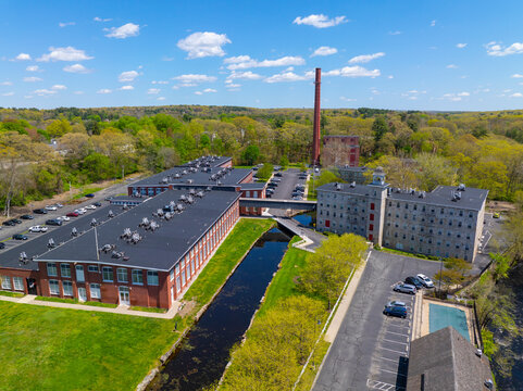 Slatersville Mills building aerial view in historic village of Slatersville, town of North Smithfield, Rhode Island RI, USA. 