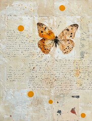 Wabi-Sabi Mixed Media Collage Paper with Orange Splashes and Butterfly