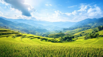 Fototapeta premium A wide landscape shot of rice paddies with rolling hills, forests, and a bright blue sky above.