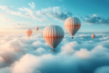 Fototapeta premium A serene scene of colorful hot air balloons floating gently above fluffy clouds in a bright blue sky.