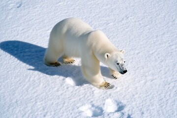 Naklejka premium An April photograph shows a female polar bear (Ursus maritimus) walking across an ice sheet.