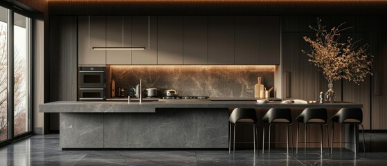 A stylish kitchen featuring sleek black cabinets, stools, and a large island