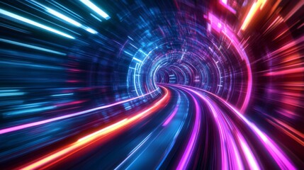 Obraz premium A digital tunnel with bright, vibrant, neon lights