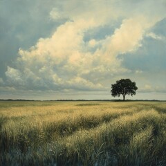 Fototapeta premium A wide, open field of tall grass under a cloudy sky, with a single oak tree standing in the distance