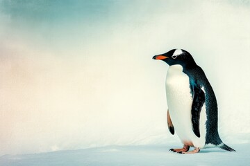 Obraz premium Pygoscelis antarcticus stands on a blue snowfield in Antarctia.