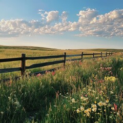 Fototapeta premium A wide, open field with a wooden fence running along its edge, surrounded by tall grass and wildflowers