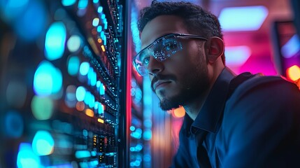 A man in safety glasses inspecting a server rack with blue lights