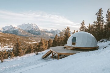 Winter igloo hotel in the Swiss mountains with luxury pods at sunrise at morning.