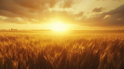 Obraz premium A wide shot of a barley field under golden hour light, with tall stalks glowing against the setting sun.