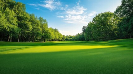 A wide shot of a pristine golf course featuring lush green grass and vibrant woods in the background.