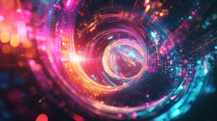 Obraz premium Abstract Neon Tunnel with Glowing Lights and Circular Patterns