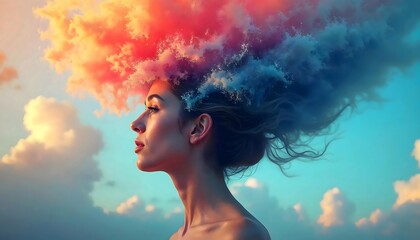 abstract and surreal, psychedelic picture of a woman's face with large, colorful digital waves growing out of her head against a vibrant, cloudy sky background