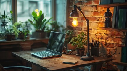 A creative eco-friendly desk setup with a table lamp constructed from repurposed metal pipes, adding a sustainable touch to the workspace