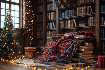 Cozy holiday scene featuring a plaid blanket draped over stacked books in a decorated library with a Christmas tree.