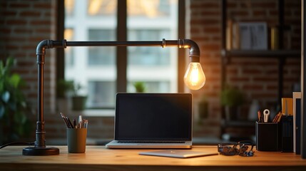 A creative table lamp made from repurposed metal pipes sits on a modern desk, casting light over eco-friendly office supplies and digital devices.