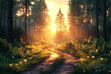 Fototapeta premium Serene forest path at sunrise with vibrant sunlight filtering through tall trees, creating a tranquil atmosphere.
