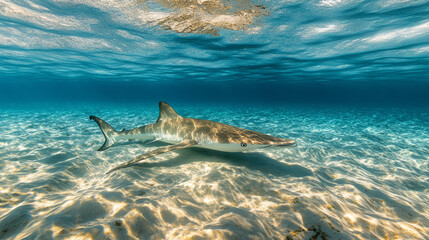 Fototapeta premium A powerful image of a Sawfish swimming in shallow coastal waters, its long, saw-like snout visible against a sandy seabed