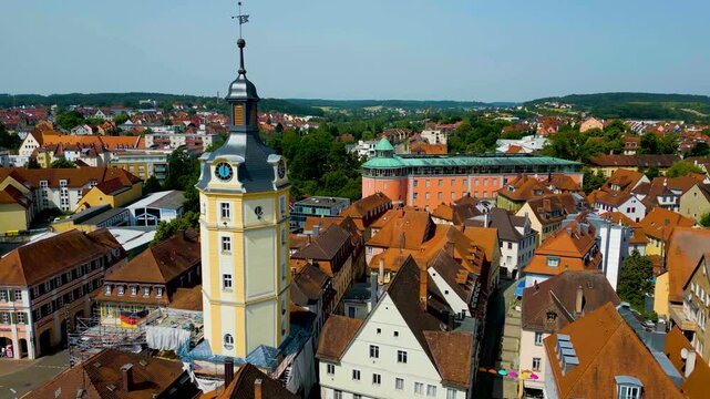 4K Aerial Drone Video of the Clock Tower on the Town Wall of Downtown Ansbach, Germany