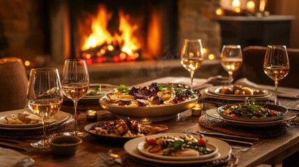 A Cozy Dinner Table with Food and Wine, Fireplace in Background