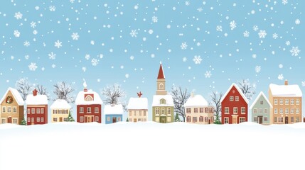 In this retro style, we see a winter city with snowmen, houses and a Christmas tree. A cozy town with lettering merry Christmas depicts a snowy scene.