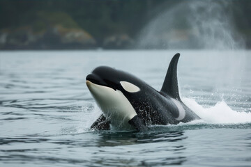 Fototapeta premium Orca Whale Breaching Through Calm Waters in Its Natural Habitat During Daylight Hours