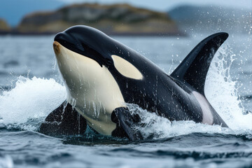 Fototapeta premium A Majestic Orca Killer Whale Breaching in Its Natural Ocean Habitat During Daylight