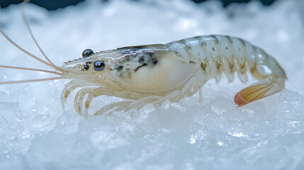 Naklejka premium A realistic close-up of White Shrimp resting on a bed of ice in a seafood market, highlighting its translucent shell and delicate antennae
