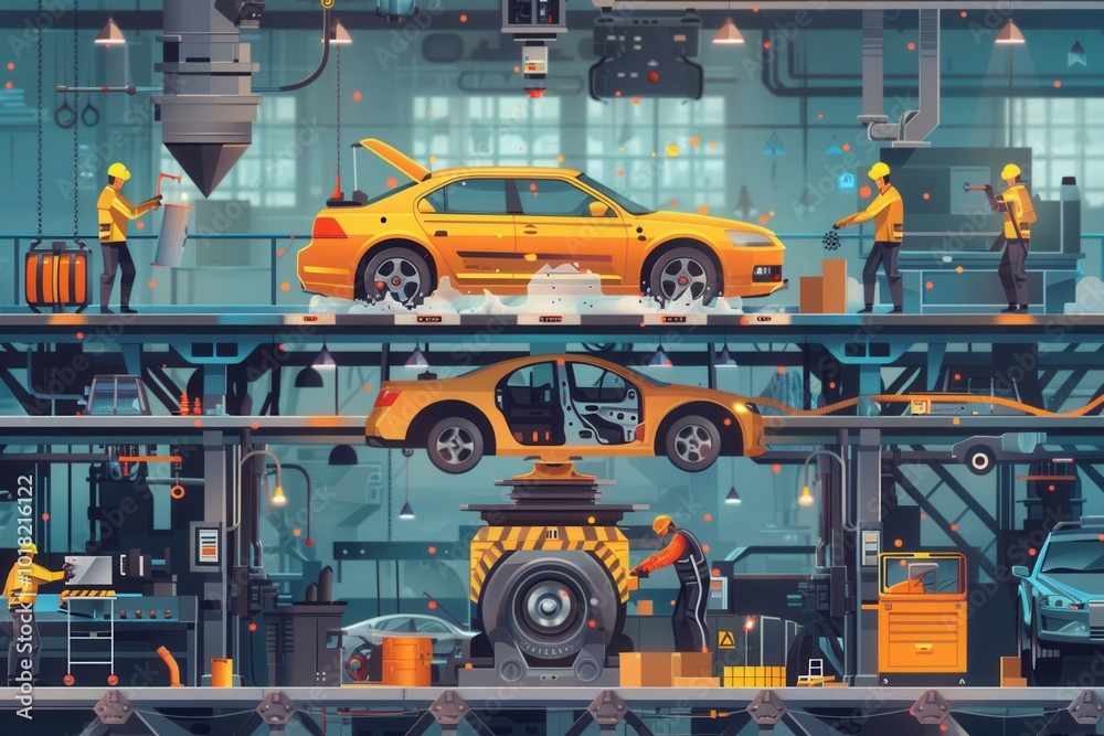 Leinwandbilder workers are actively engaged in the production of car components, utilizing machinery in a dynamic m