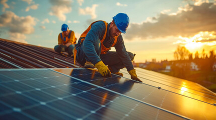 A worker carefully installs solar panels on a rooftop at sunset.