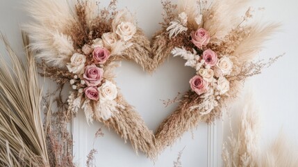 Dried Floral Heart Shaped Arrangement with Pink Roses and Pampas Grass