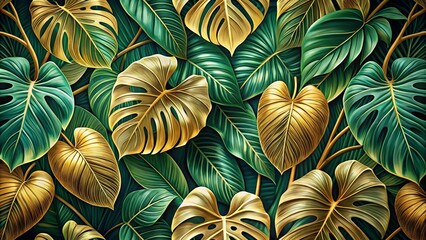 Stylish floral vector design showcasing Philodendron and Monstera plants in a line art background, capturing the serene beauty of nature’s golden