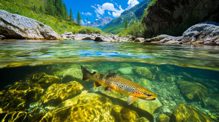 Fototapeta premium A scenic image of a Trout swimming in a crystal-clear mountain stream, its colorful spots and sleek body visible as it navigates through the current