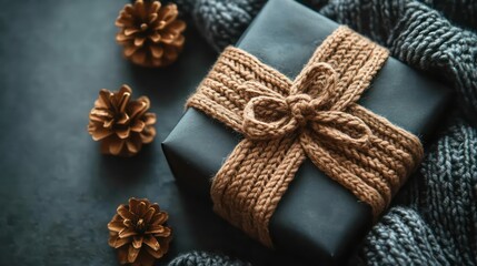 Fototapeta premium Christmas gift wrapped in black craft paper and knitted ribbon. Minimal handmade style. Happy New Year